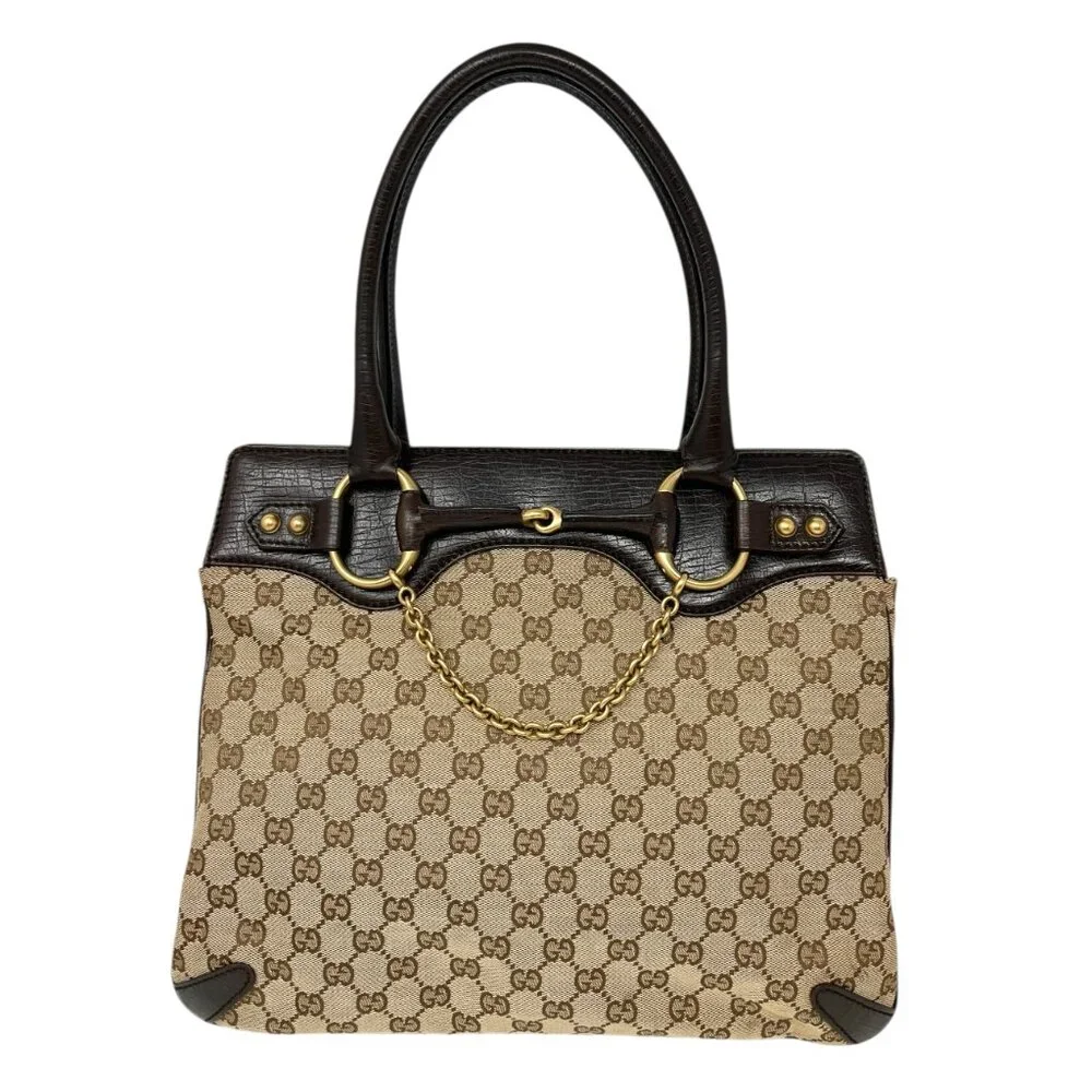 GUCCI Vintage Monogram Horsebit Chain Shoulder Bag Beige Brown Canvas [105425] - Picture 5 of 13